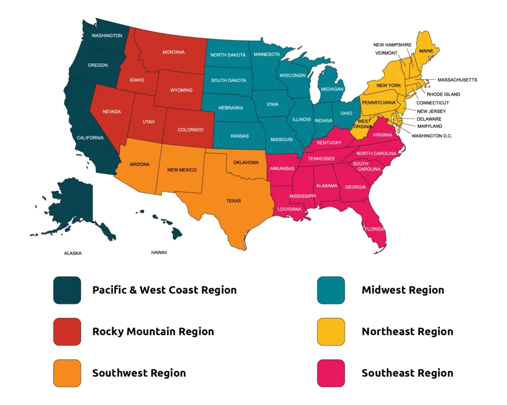 Color Coded Alcoholic Beverage Control (ABC) Agencies State Map by Region