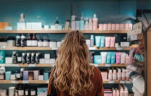 Young woman standing in front of shelves with cosmetic and makeup products in store. Generative Ai