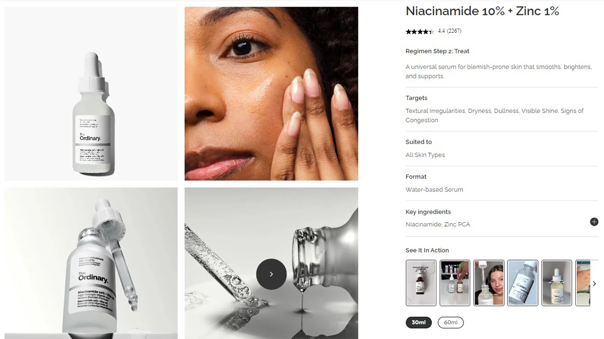 The Ordinary skin serum product page showcasing simple, monochrome branding.