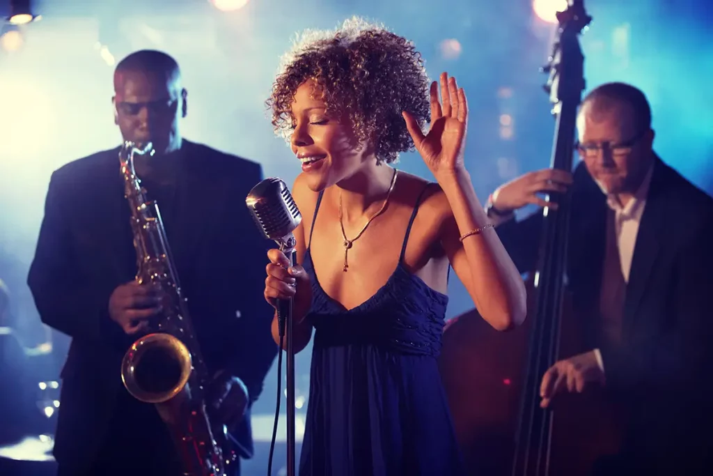 Professional band with a female singer, a saxophone and upright bass.