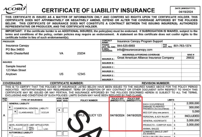 ACORD Sample Certificate of Liability Insurance