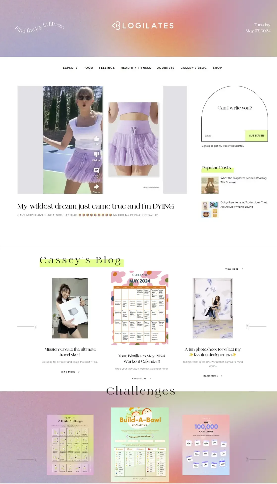 A screenshot of the Blogilates blog page that includes the latest posts, Cassey's blog, and Pilates challenge downloads.