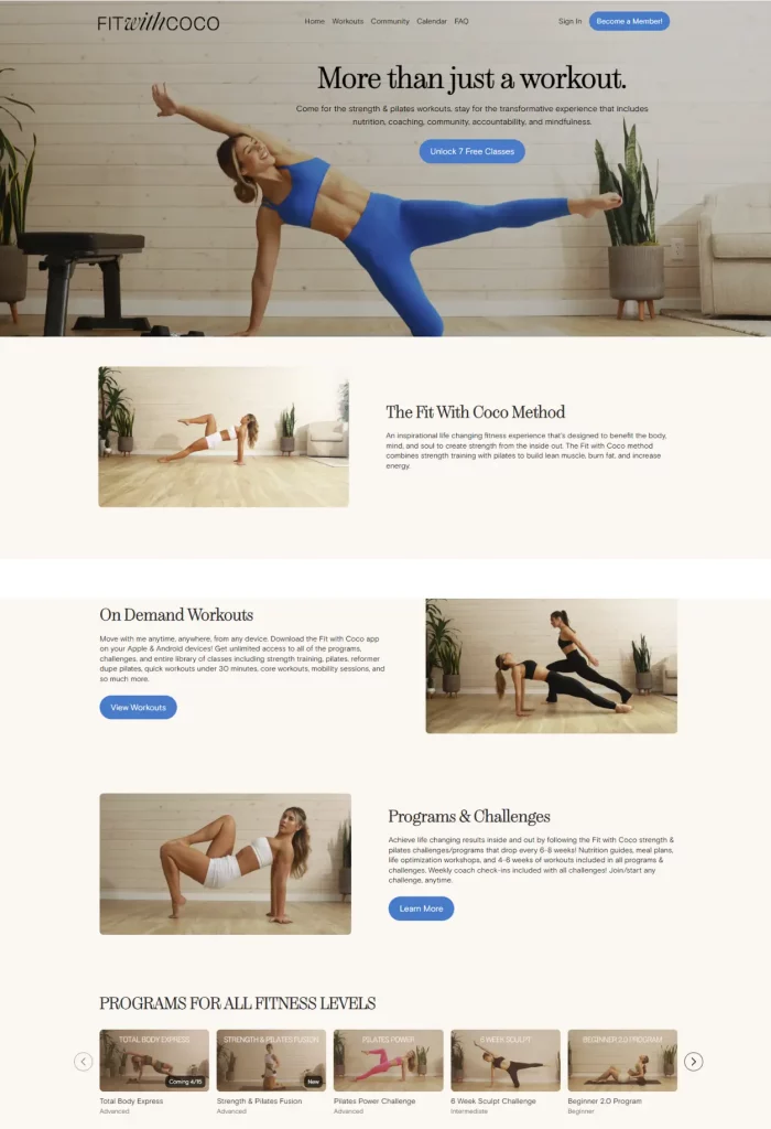 Screenshot of the homepage for the Fit With Coco website that includes information on the programs and videos she offers.