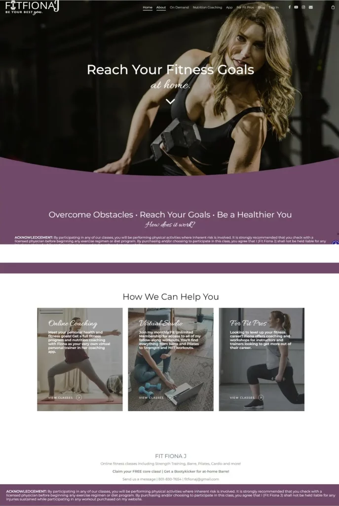 A screenshot of the Fit Fiona J homepage that includes information on who she is, what she offers, and a quick summary of her different programs.