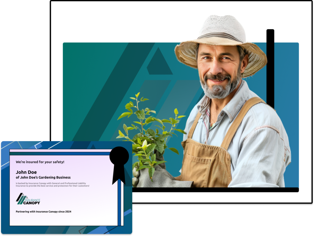 Image of a gardener overlayed by certificate of insurance