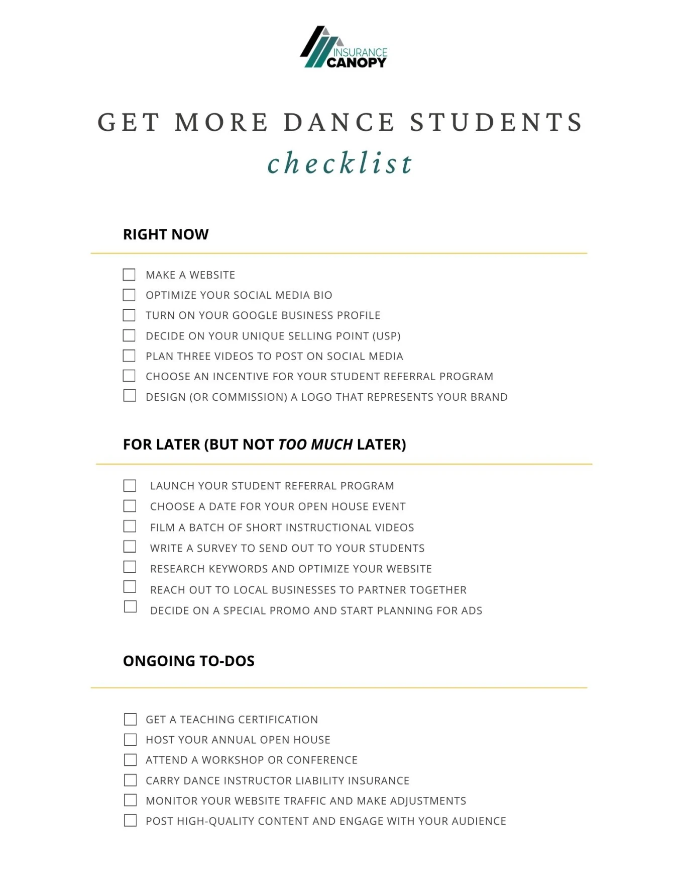 "Get More Dance Students" checklist with list of to-do items, including items for "right now," "for later," and "ongoing to-dos."