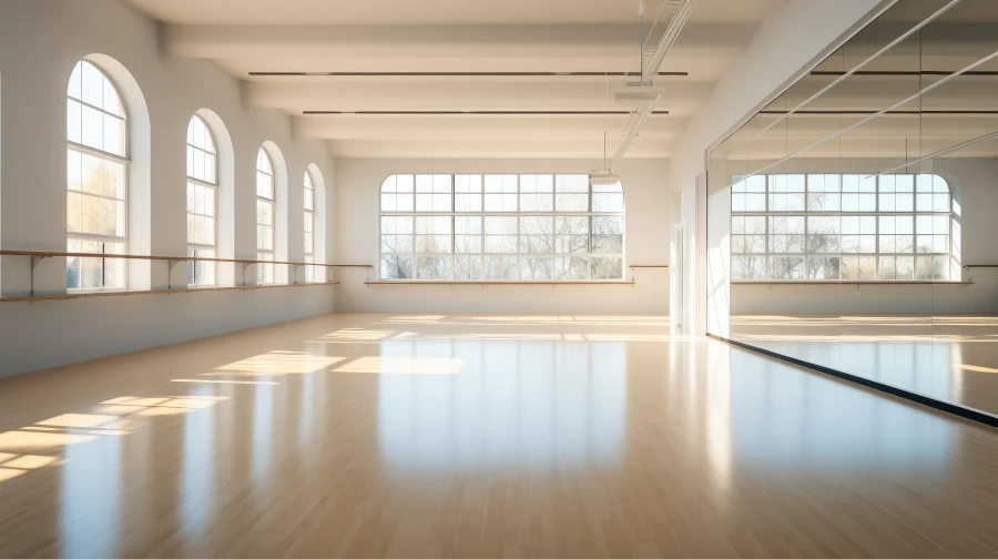 Sunlight streams into a large dance studio with wooden flooring, arched windows, a ballet barre, and large wall mirrors.