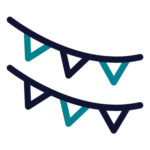 Simple black and blue line illustration of two rows of triangular flags or bunting hanging in a curved pattern.