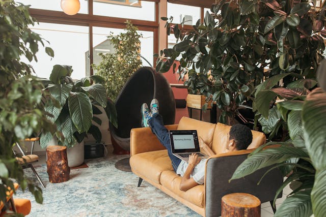 a man sits on a couch googling marketing strategy