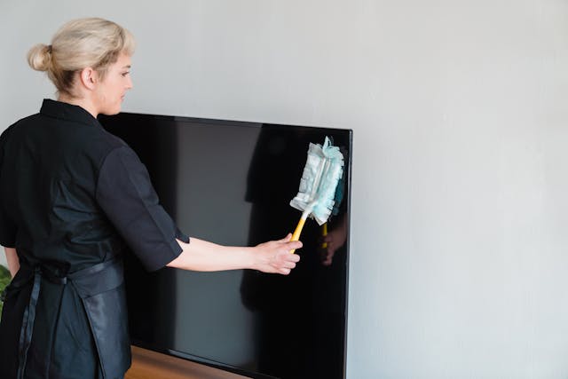 a woman in an apron uses a duster on a tv screen