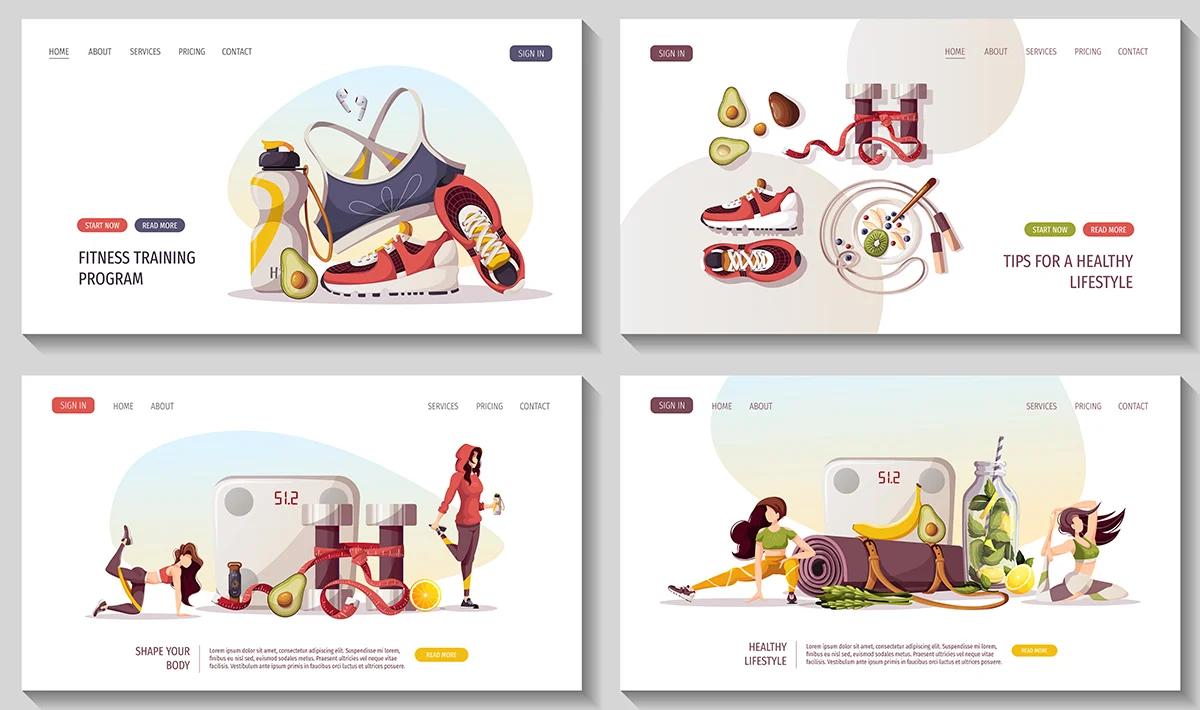 A set of four sample website pages featuring stylized, fitness-related illustrations on white backgrounds.