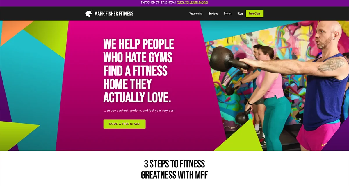 Screenshot of Mark Fisher Fitness landing page, displaying bright pink, teal, and white geometric shapes with a fitness class doing kettlebell swings. Text includes welcome message and calls to action.