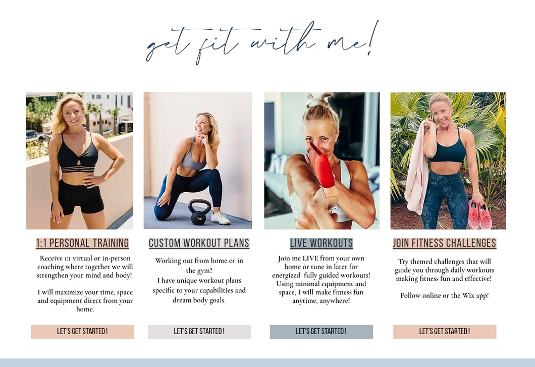 A screenshot of the Aly Gray Fitness website, with a series of photos of trainer Aly Gray above a list of services she provides that include personal training, custom workout plans, live workouts, and fitness challenges.