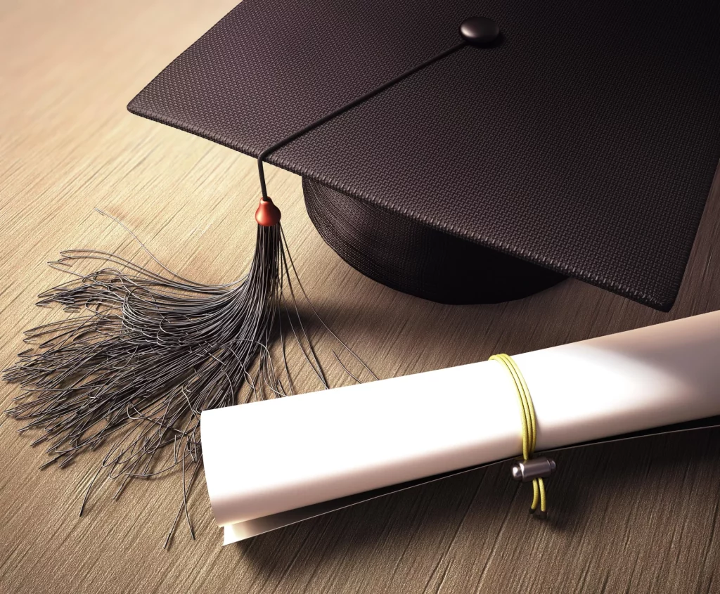 A black graduation cap and rolled up diploma sitting on a brown desk.