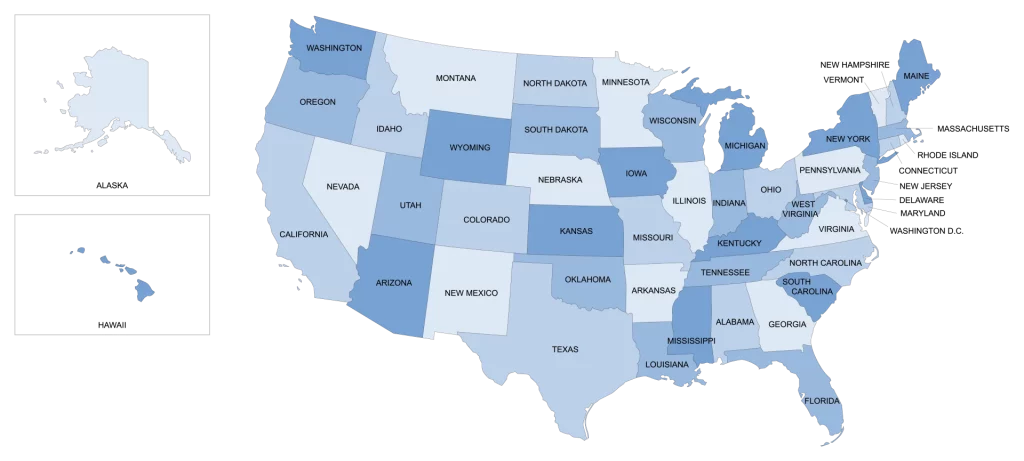 Map of the United States with states in varying shades of blue, featuring black state names and a white background.