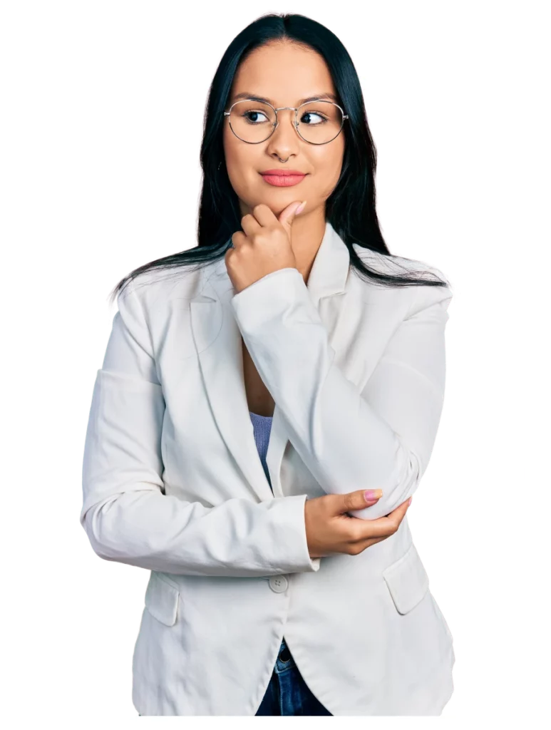 Image of a girl thinking with white frame in the background