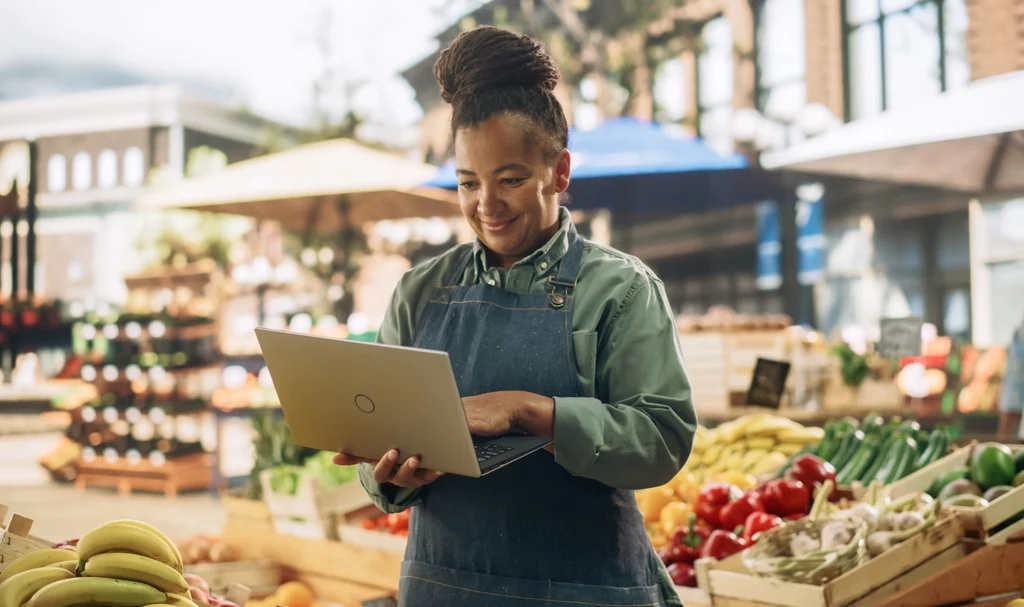 A farmers market vendor is on her laptop while in her outdoor stall.