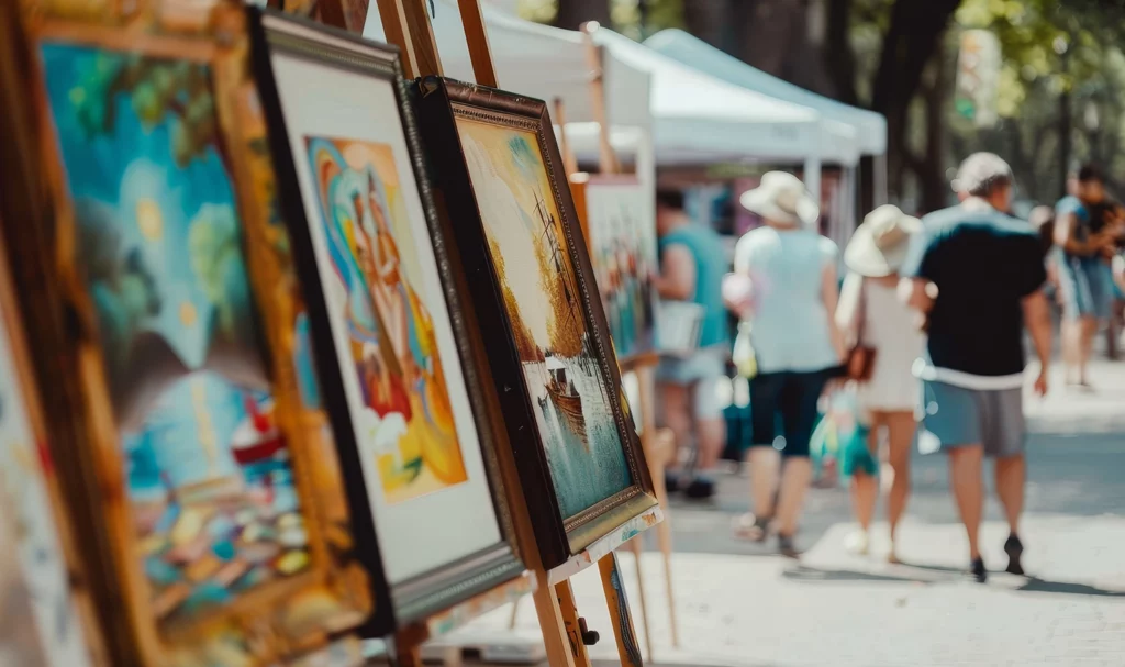 Outdoor arts and craft festival with a close-up shot of paintings on display.