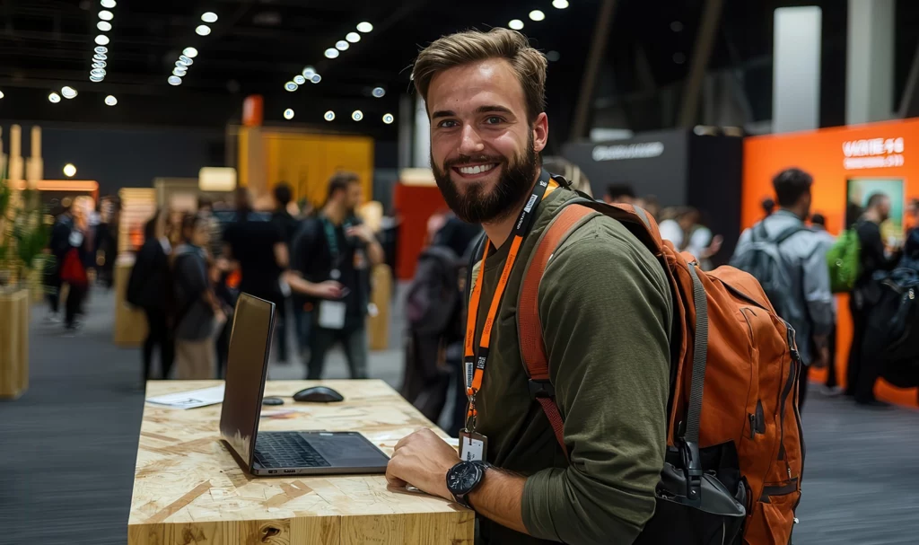 A trade show vendor is standing near his booth working on a laptop and smiling at the camera.