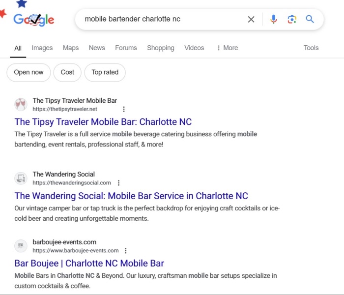 Mobile bar in Charlotte, NC, search example.