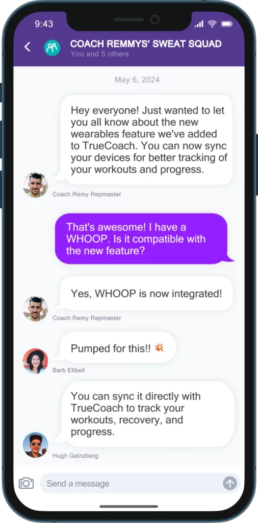 A mobile phone displays the TrueCoach chat feature of a group chat titled "Coach Remmys' Sweat Squad" with messages from the coach and two clients about the wearables feature. The color scheme is purple, teal, and white. Chat members, a man with dark hair and a mustache and beard, a woman with a brimmed hat, and a man wearing a hat and sunglasses, are shown with their profile photos next to their messages.