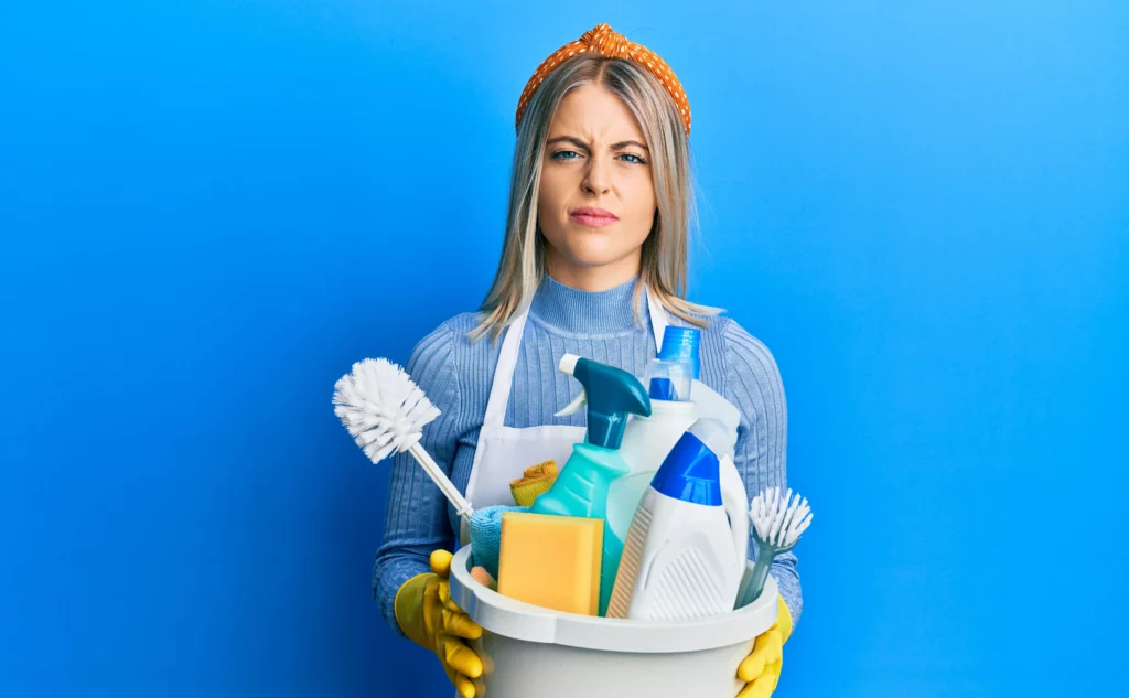 Image of cleaning woman with scrunched face